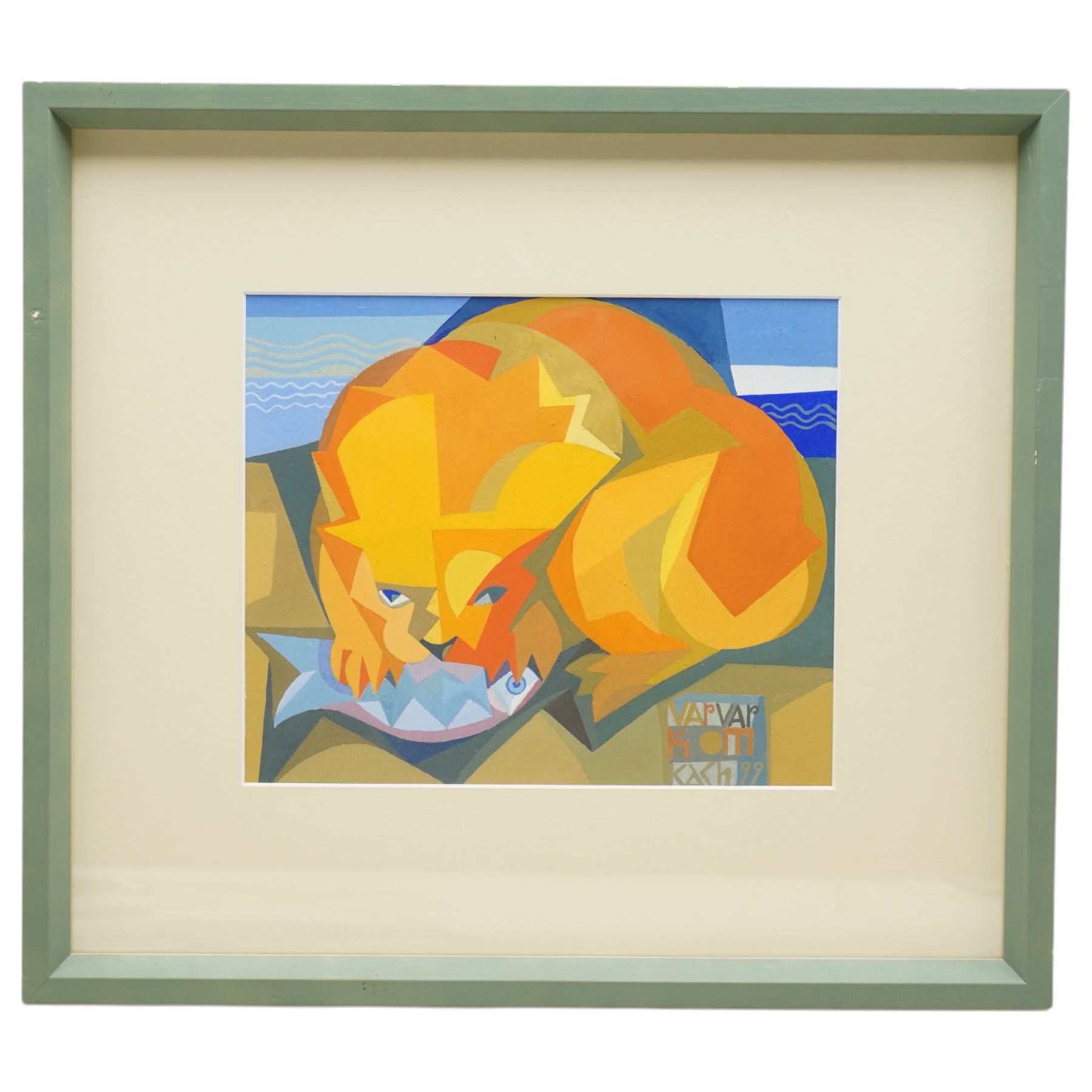 Russian School (Contemporary): Cubist Cat Supper, gouache indistinctly signed and dated '99, 20cm x 24cm