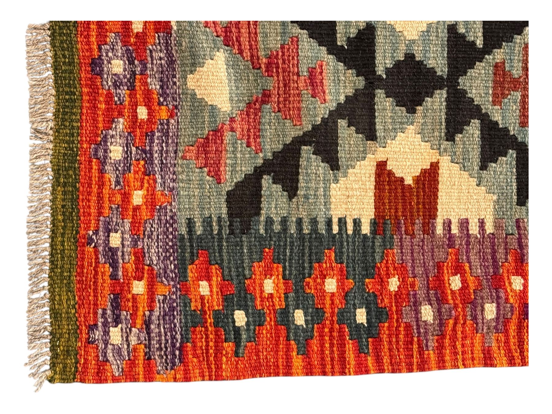 Afghan Maimana Kilim flatweave runner, handwoven with a deep teal ground showcasing a vibrant multicoloured diamond-lattice design in the traditional Maimana style, enclosed by stylised borders and finished with fringed edges 