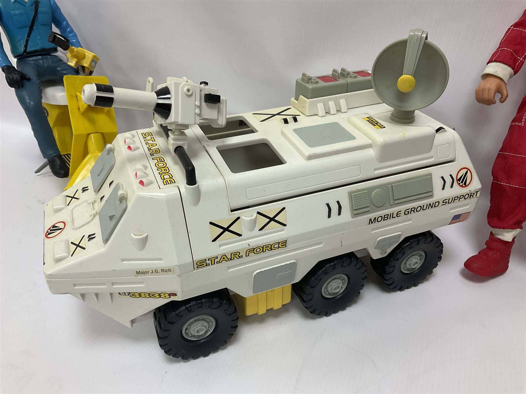 Manta Force Red Venom 1987 Bluebird Toys PLC toy plane with associated figures, with three more toy vehicles and figures comprising Lanard 1996 S.T.A.R Force Mobile Ground Support truck, Hasbro 2000 Action Man motorbike with side car, Sindy moped 