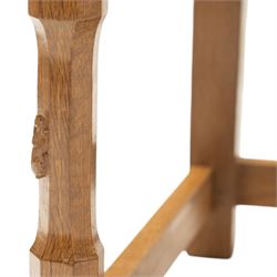 Rabbitman - pair of Yorkshire oak carver open armchairs, pierced and carved lattice back over tan leather seat with studwork, raised on octagonal supports united by H stretchers, carved with rabbit signature, by Peter Heap of Wetwang