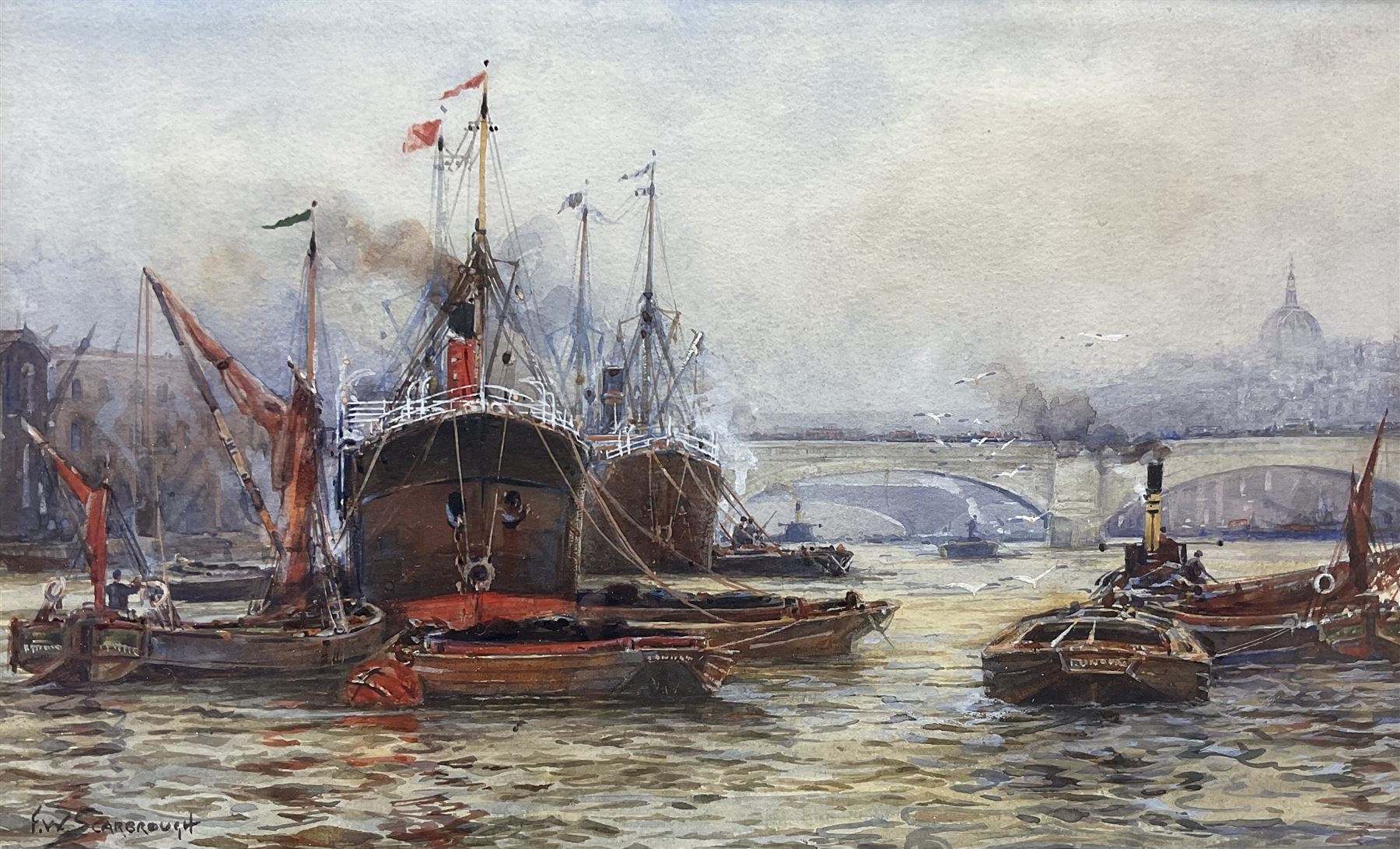 Frederick William Scarborough (British 1860-1939): Shipping at London Bridge with St Paul's in View, watercolour signed 18cm x 29cm