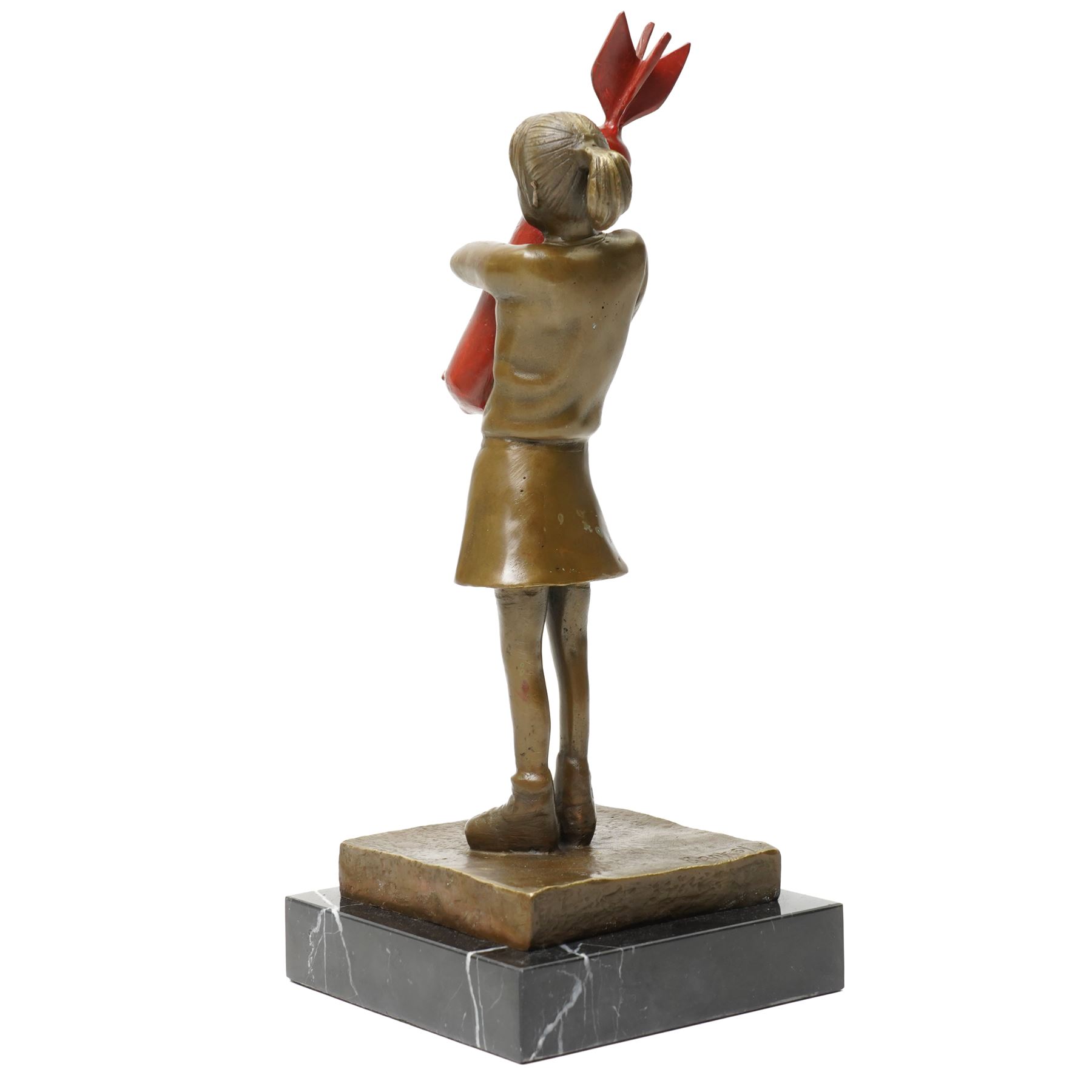 After Banksy - 'Bomb Love', bronze figure of a girl holding bomb, bearing signature, on marble base, overall H32.5cm