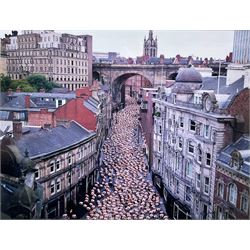 Spencer Tunick (American 1967-): 'Naked on the Tyne', colour photograph, signed titled and dated 2005 verso 18cm x 24cm