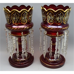  Pair Victorian ruby glass lustres, gilt and enamelled floral panels & coronet shaped top, H36.5cm   