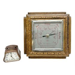 Smiths barometer in carved and stepped oak square case, together with a small copper 8 days clock with bevelled glass plate