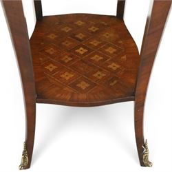 Small French inlaid marquetry and parquetry occasional table or bedside, the shaped top with raised moulded edge and chequered inlay top with crossbanding, fitted with single frieze drawer with gilt-metal handle, raised on cabriole supports united by undertier