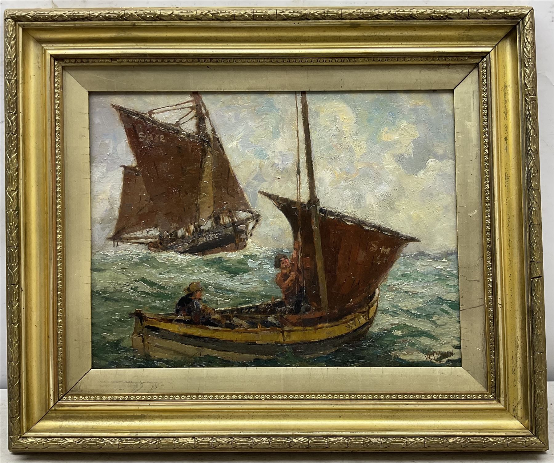 William J Mann (Scarborough early 20th century): 'A Fair Breeze' - Scarborough Yawl and Coble at Sea, oil on panel signed, titled and inscribed 'Newby' verso 33cm x 44cm 
Notes: Mann was a member of the Fylingdales Group of Artists and lived in Newby, Scarborough.