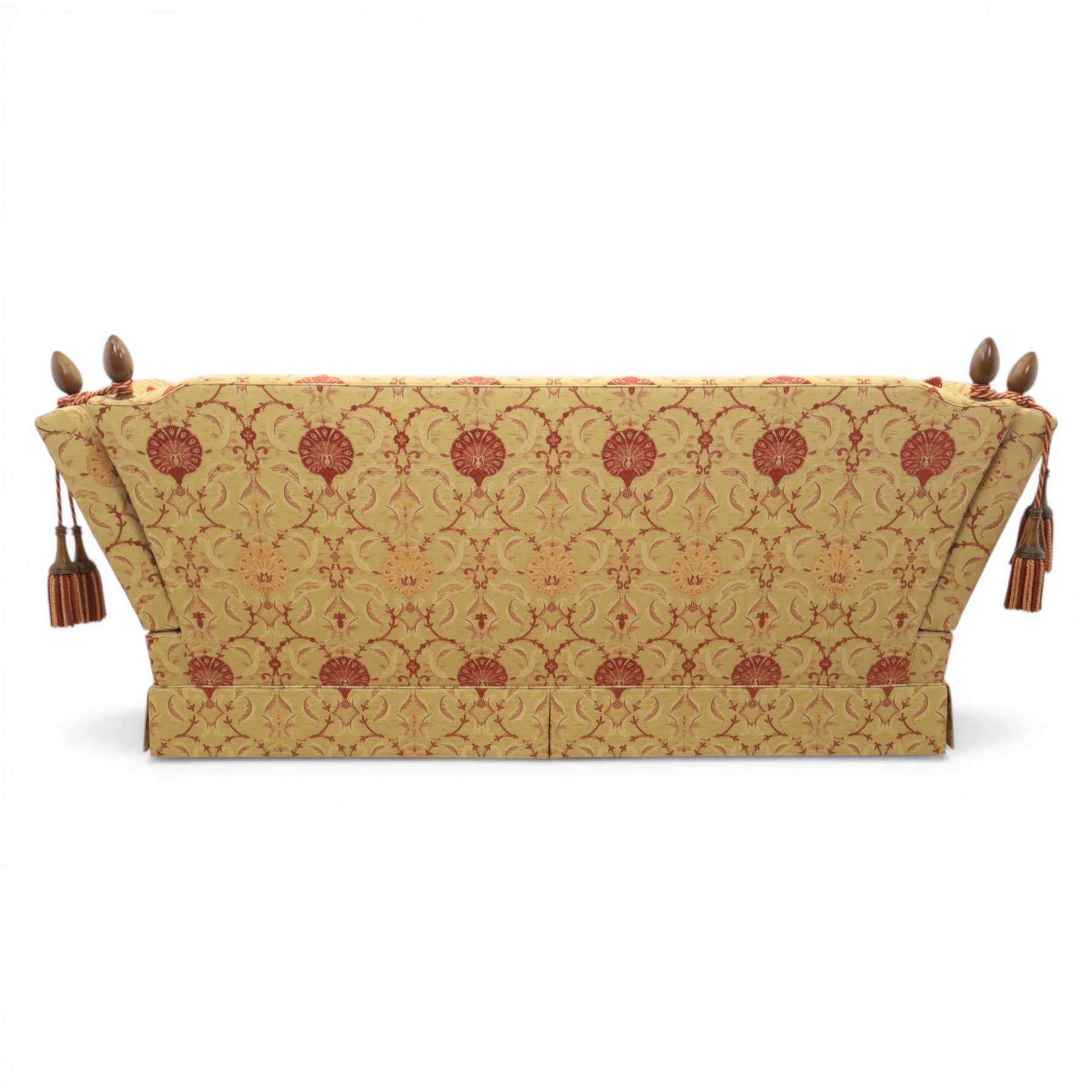 David Grundy - Grande Knoll style drop-arm settee in patterned fabric with nine associated scatter and bolster cushions