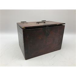 Early 20th century artist's materials box, probably Chinese, the hinged lid over two side drawers, containing various tubes of paint, wooden and ceramic palettes, brushes, mixing bowls, etc. 