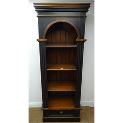  Edwardian style painted bookcase, moulded top, arched apeture, three shelves above single drawer, plinth base, W76cm, H200cm, D38cm  