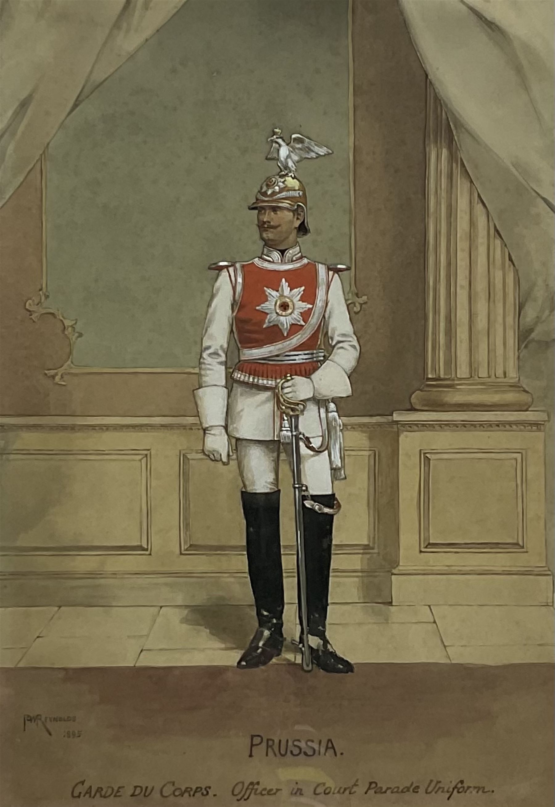 P W Reynolds (British 19th century): 'Prussia - Garde Du Corps Officer in Court Parade Uniform', watercolour and gouache signed inscribed and dated 1895, 29cm x 20cm