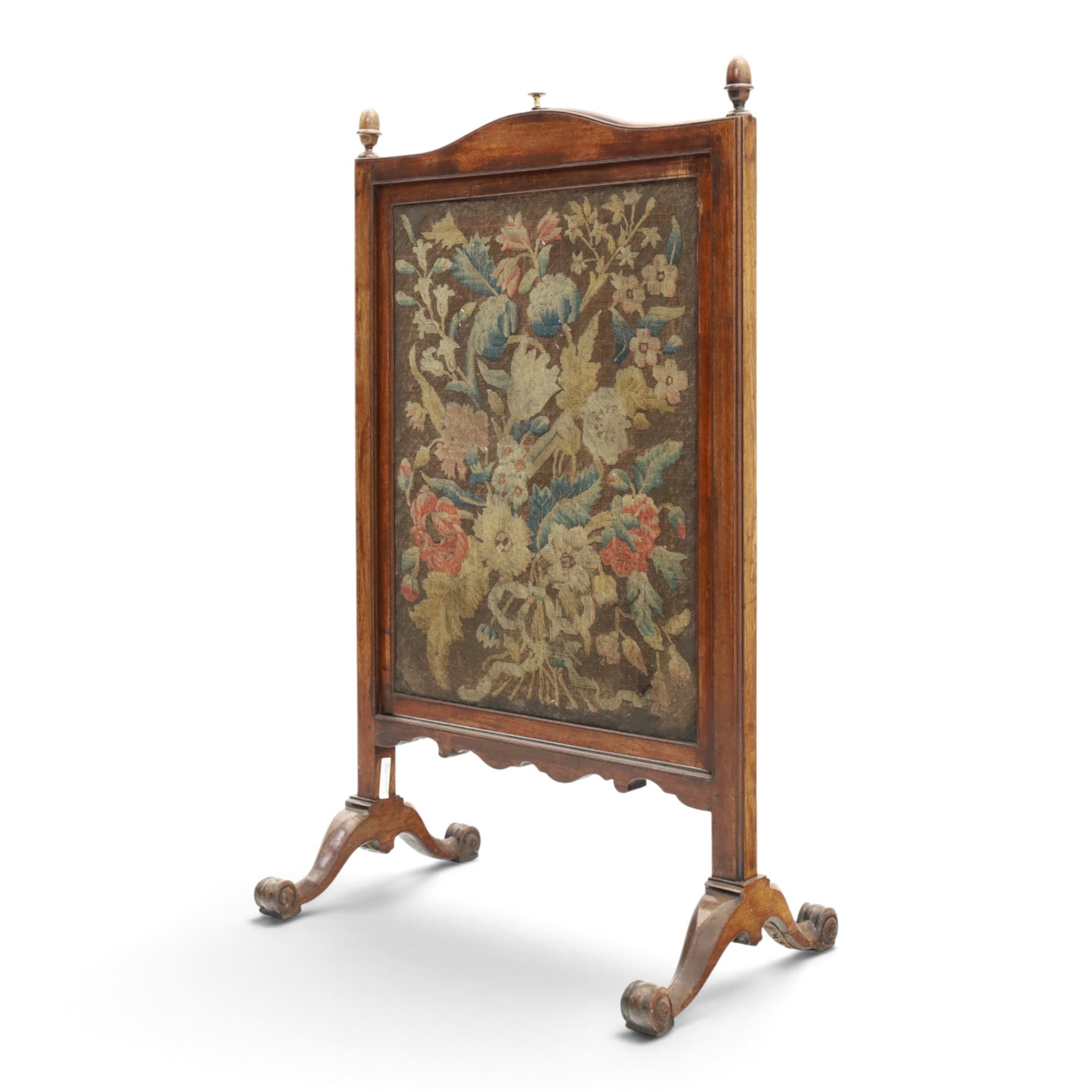 Georgian carved mahogany firescreen, the extending panel with Georgian needlepoint tapestry to one side and Arts & Crafts style machine tapestry to the opposing, on splayed supports with scroll feet