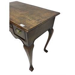 Georgian oak lowboy side table, fitted with thee drawers, brass loop handles, Cabriole leg with spade feet