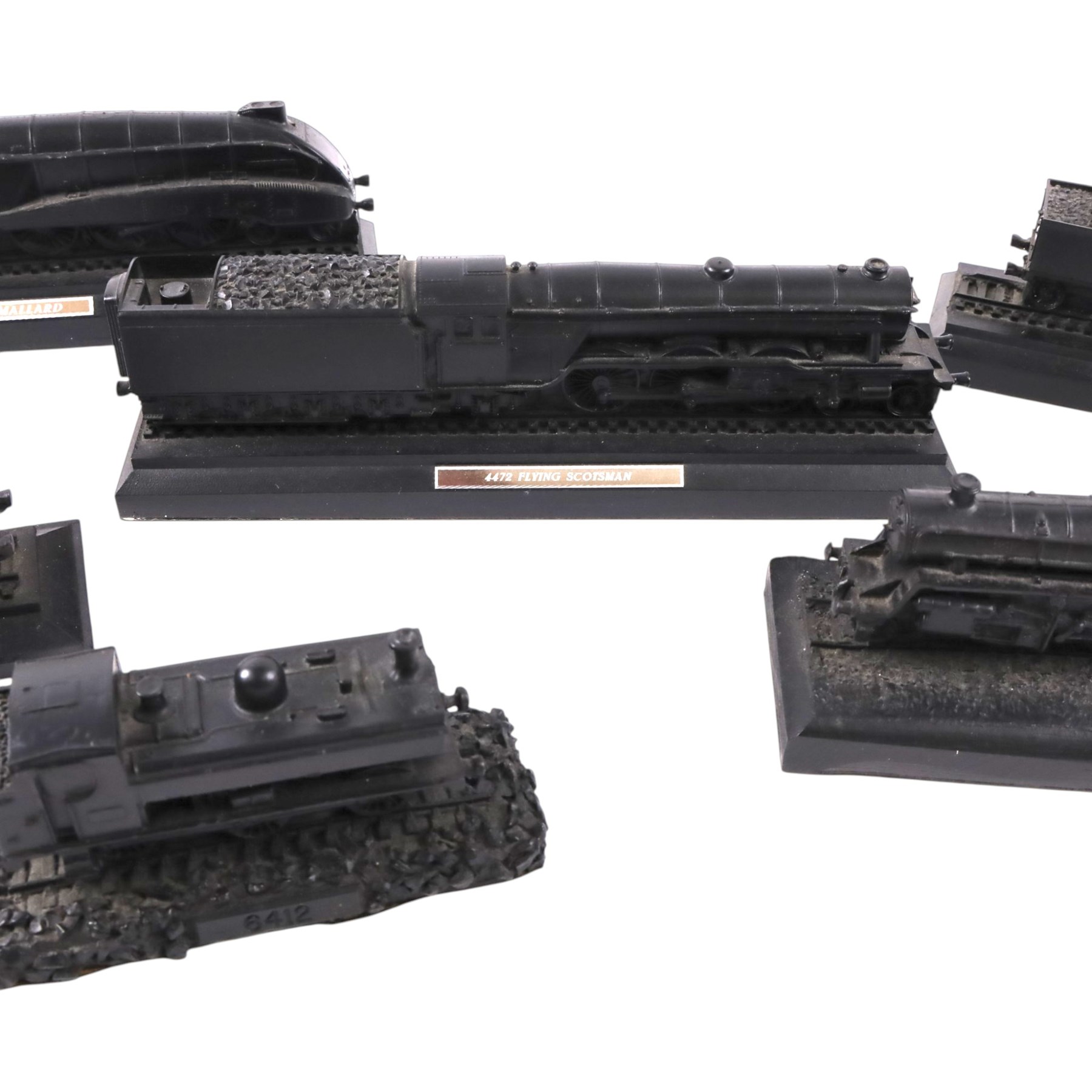 Six British coal models of trains, including Mallard, BR Mogul, Prairie Tank, etc