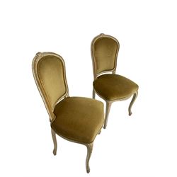 Pair of French style lined beech bedroom chairs, upholstered seat and backs