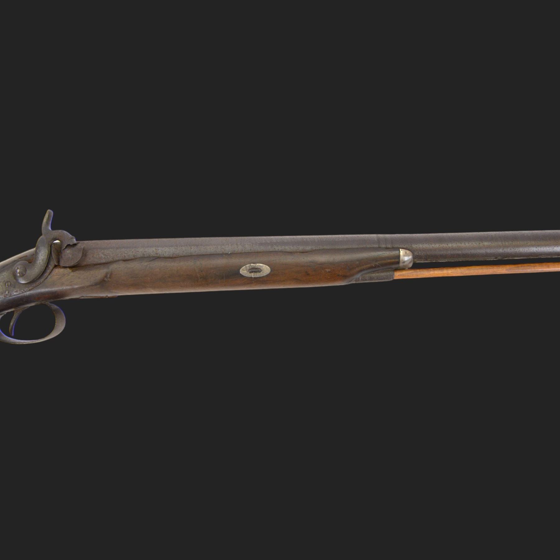 19th century percussion musket, the 76cm barrel with ramrod under, full walnut stock, overall L116cm
Sold as an exempt item under Section 58 (2) of the 1968 Firearms Act, to be held as a curiosity or ornament