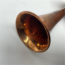 Late 19th century copper and silver plate hunting horn, stamped Swaine & Adeney London Proprietors of Kohler & Son Made in England, L23.5cm