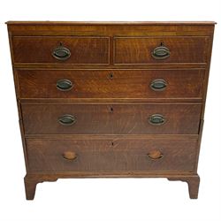 George III oak chest, rectangular top with mahogany crossbanding, fitted with two short and three long cock-beaded drawers, lower moulded edge over bracket feet
