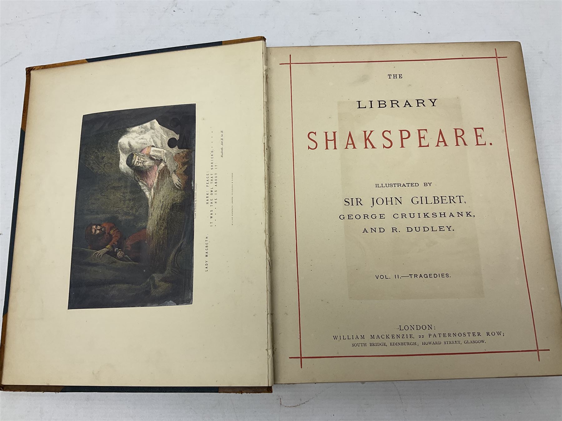 The Library Shakspeare Illustrated by Sir John Gilbert, George Cruikshank and R. Dudley with laid-in colour plates, three volumes, uniformly bound in half leather with a.e.g.