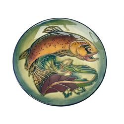 Moorcroft dish, decorated in the Trout pattern designed by Philip Gibson, with impressed and painted marks beneath, including date symbol for 1999, D15.5cm, together with a Moorcroft pin dish decorated in the same pattern, D11.5cm. (2). 