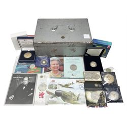 The Royal Mint United Kingdom 2018 'Bravery in the Skies' silver proof two pound coin cased with certificate, Queen Elizabeth II Tristan Da Cunha 2008 sterling silver gold plated five pounds, Falkland Islands 2006 miniature fine gold coin approximately 1.25 grams etc, housed in a cash tin