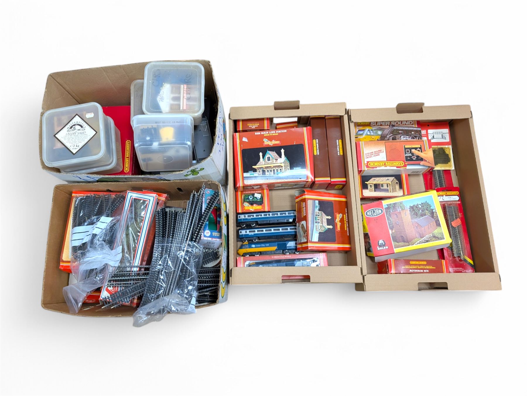 Collection of mostly Hornby '00' gauge model railway, including two Inter-City locomotives and carriages, railway buildings and scenery, track, controllers and other accessories, some boxed and some empty boxes