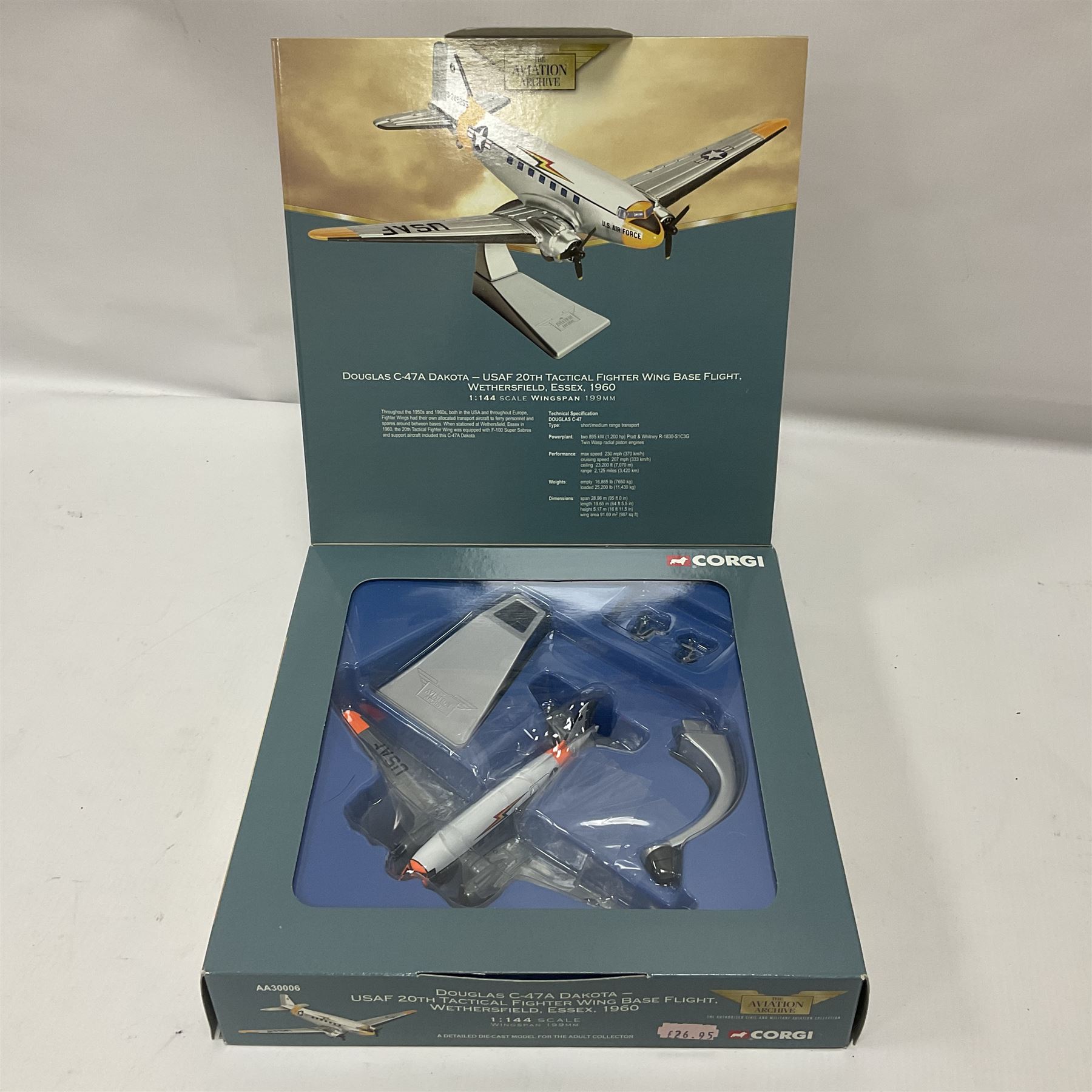Corgi - Aviation Archive, five ‘Military Air Power’ 1:144 scale models comprising first issue 47509 Lockheed C-121A Constellation Mats; limited edition 48604 Bristol Britannia 253/CMK1 XM-496 Royal Air Force Transport Command limited edition no.1863/2700; two limited edition Thunder in the Skies models AA30005 Douglas C-47 Dakota no.1093/1900, and AA30507 Vickers V.838 Viscount no.1366/1500; limited edition AA30006 Modern Era Douglas C-47A Dakota - USAF 20th Tactical Fighter Wing no.639/1400; all boxed 