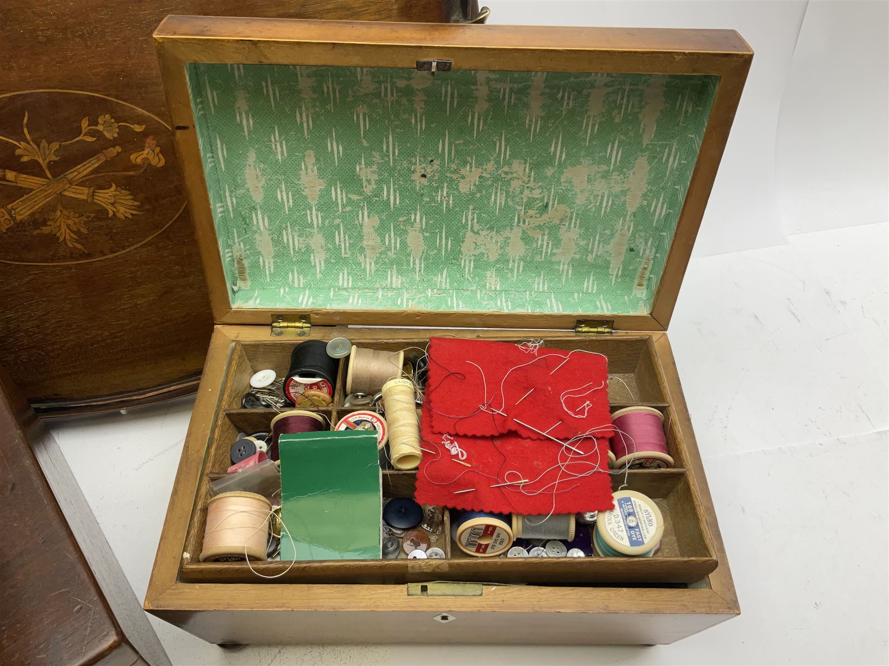 Three 19th century wooden boxes, to include a sewing box of sarcophagus form upon compressed bun feet, plus a mahogany twin handled kidney shaped tray, in one box