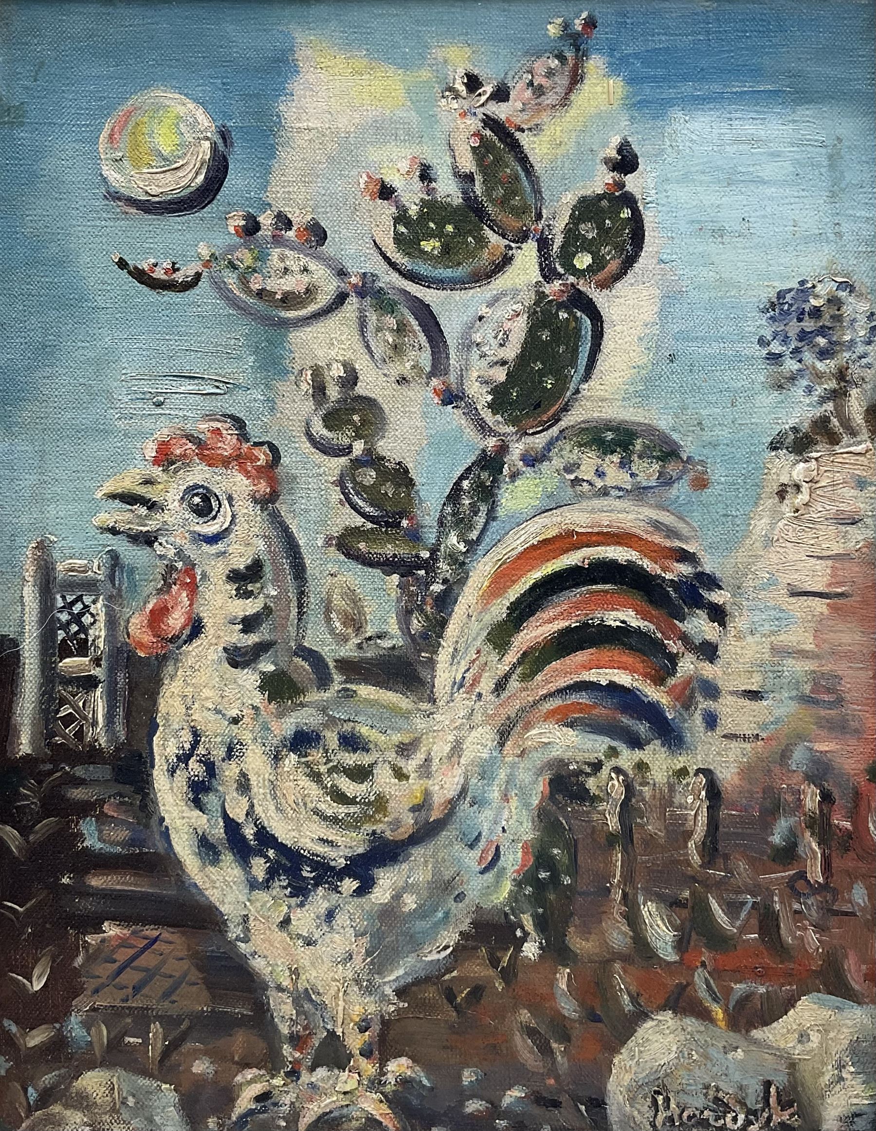 Gerard Hordyk (Dutch 1899-1958): Cockerel before Cacti, oil on canvas signed 34cm x 26cm