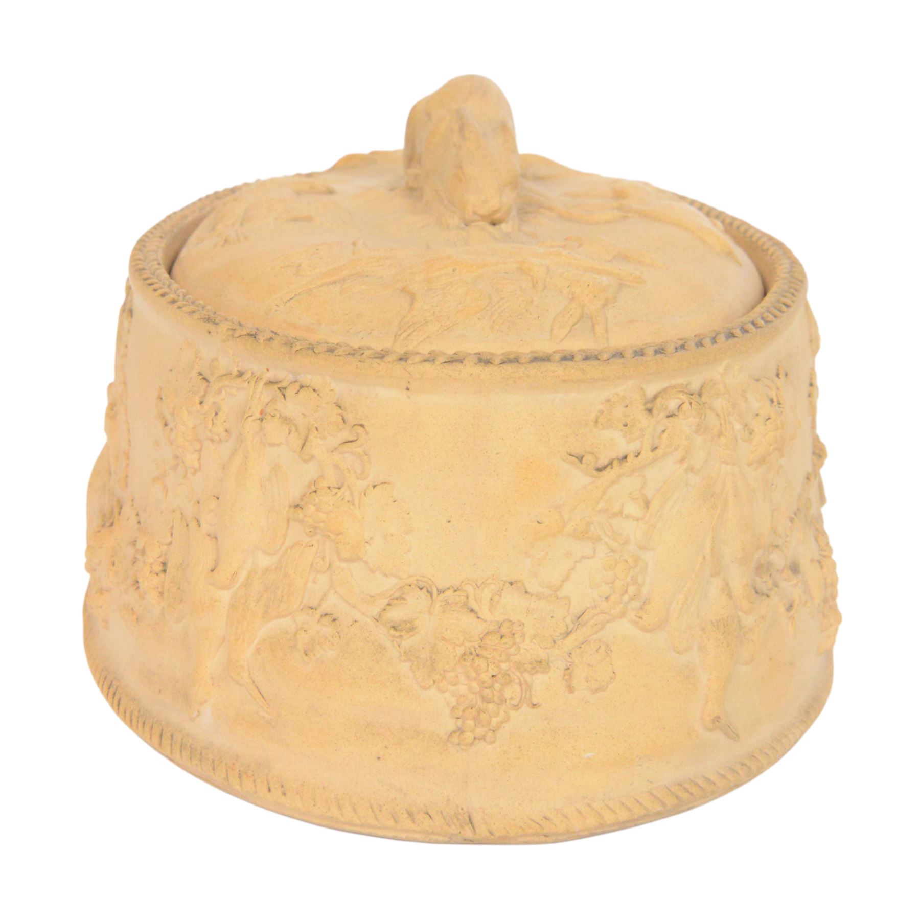 Wedgwood caneware game tureen, the cover with rabbit handle surrounded by country animals, repeating moulded leaf rim, the external sides decorated in light relief with dead game among vines, impressed marks to base, W26.5cm 