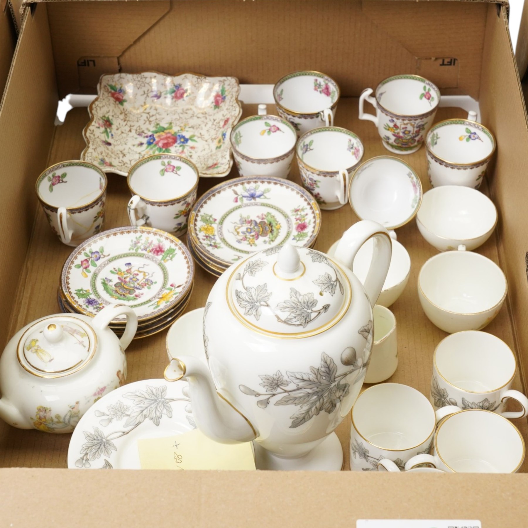 Copeland Spode for Harrods 'Old Bow' cups and saucers, Wedgwood 'Ashford' bone china coffee set and a various collection of glassware, decanter, trifle bowls, tea set, etc. Contents in three boxes 