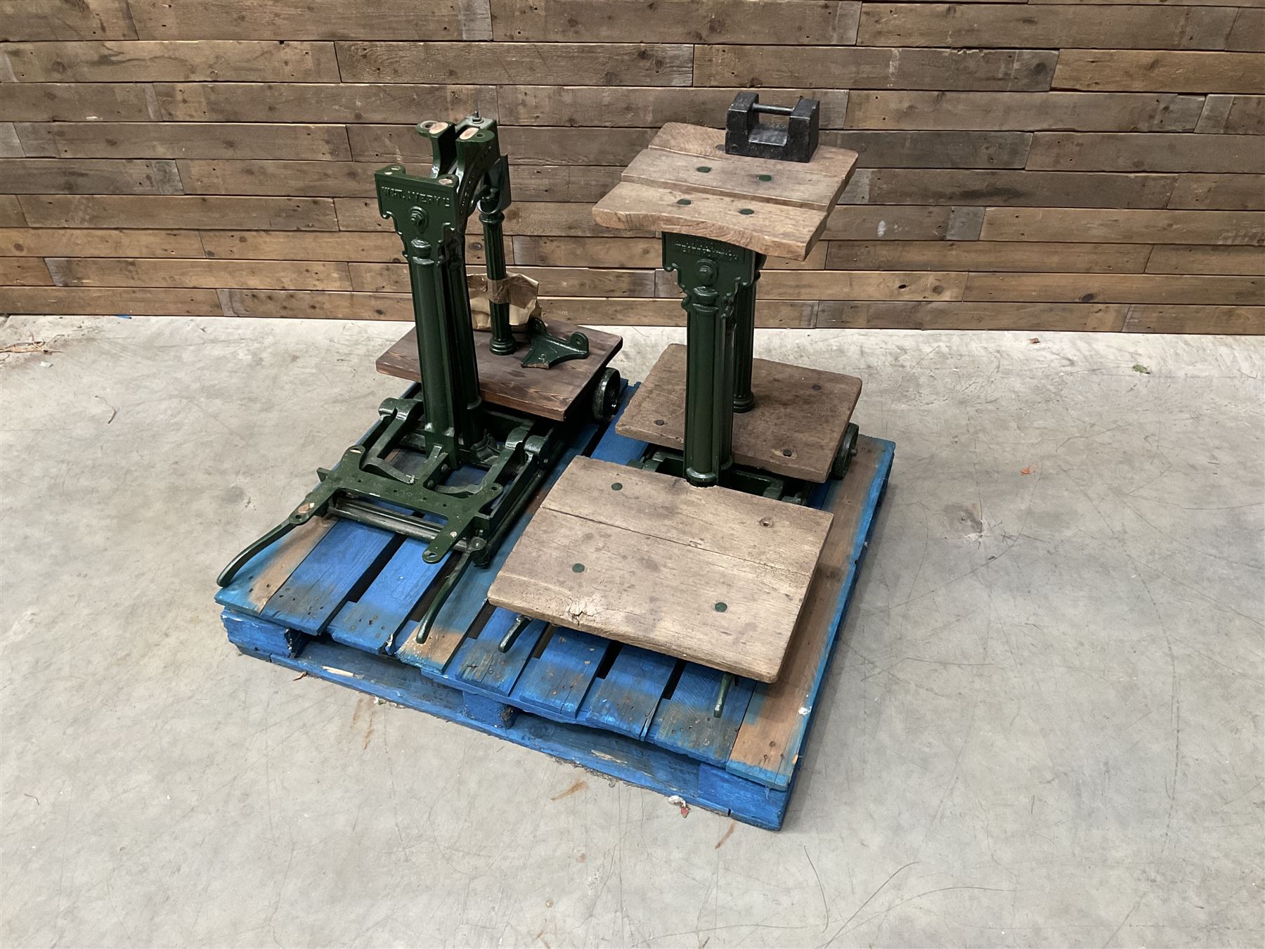 Two pairs of Victorian cast iron potato scales, one damaged with a 5kg weight