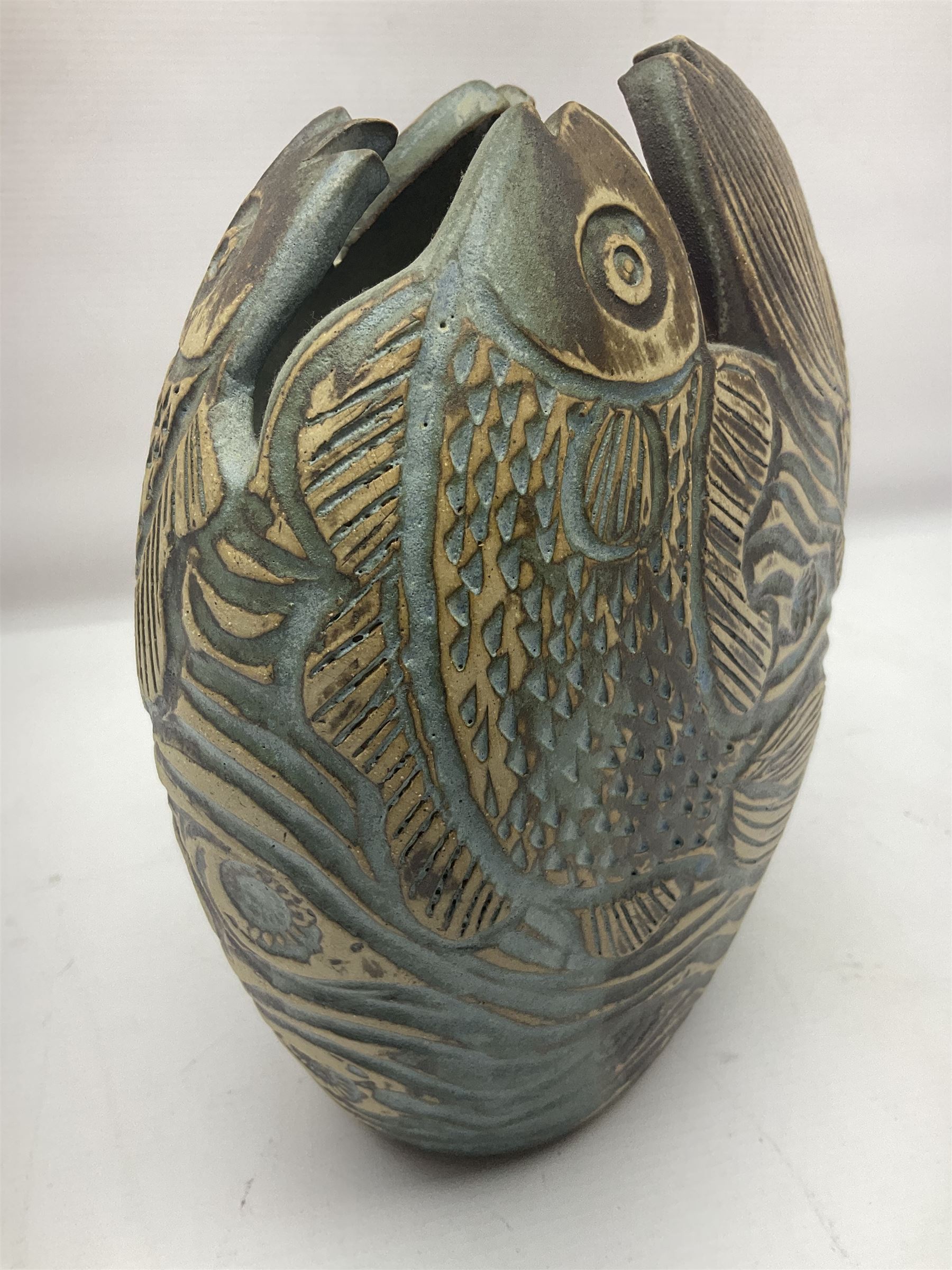 John Egerton (c1945-): studio pottery stoneware vase, decorated with fish and ammonites, H24cm