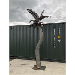Designer Palms - shaped metal full size palm tree, double curved trunk with large metal fronds and pair of coconut lights, on rectangular base - THIS LOT IS TO BE COLLECTED BY APPOINTMENT FROM DUGGLEBY STORAGE, GREAT HILL, EASTFIELD, SCARBOROUGH, YO11 3TX