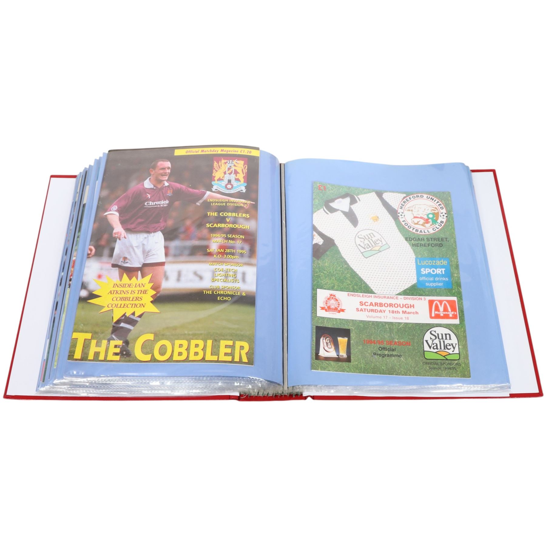 Comprehensive collection of approximately one-hundred and seventy Scarborough FC football programmes for the 1993/94, 1994/95 and 1995/96 seasons, all filed within six dedicated Scarborough FC red Home and Away binders