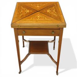 Edwardian inlaid mahogany envelope table, square top with triangular leaves revealing a ba...