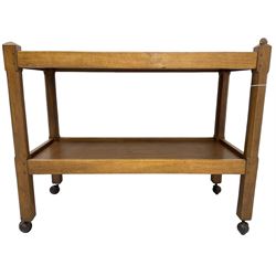 Rabbitman - adzed oak two-tier drinks trolley, raised on square canted supports on castors, carved with rabbit signature, by Peter Heap, Wetwang