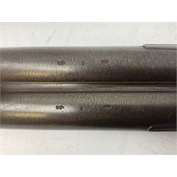 19th century John Jefferson of Scarborough 6-bore (modern 4-bore) double barrel side-by-side percussion gun, with 81cm stub twist damascus barrels (no provision for ramrod), well figured walnut stock with fine chequered grip and fore-end with horn tip and steel butt plate with long tang, well engraved lock and hammers with half-cock safeties on both sides, barrel sling swivel but rear sling swivel removed and replaced with silver escutcheon, London proofmarks, NVN, L128cm