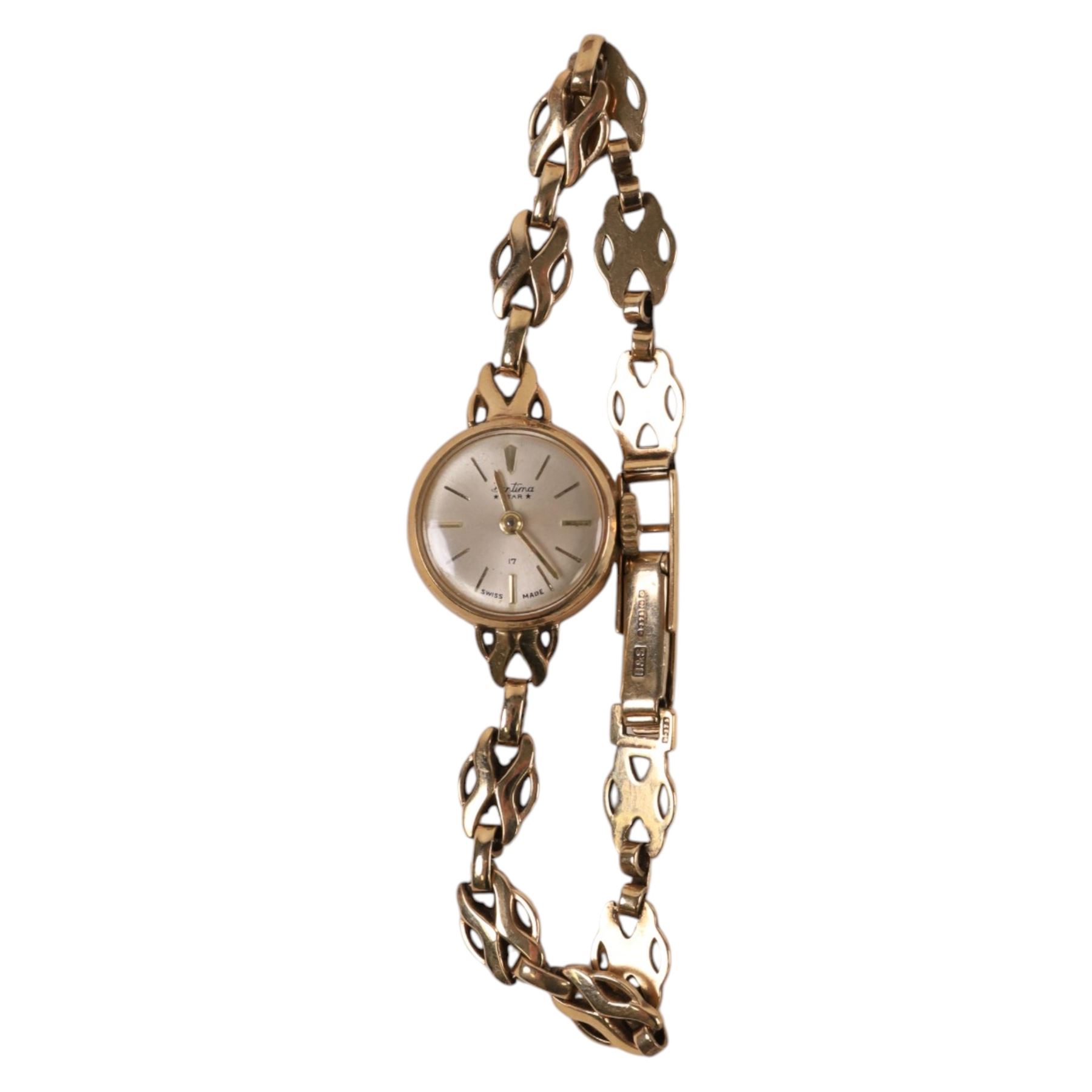 Bentima ladies 9ct gold manual wind wristwatch, on integral 9ct gold bracelet, Birmingham 1963