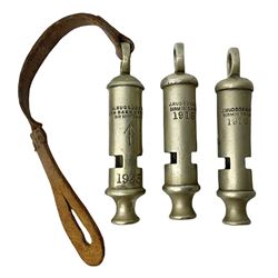 Three J Hudson & Co Birmingham military whistles, dated 1915, 1916, 1923