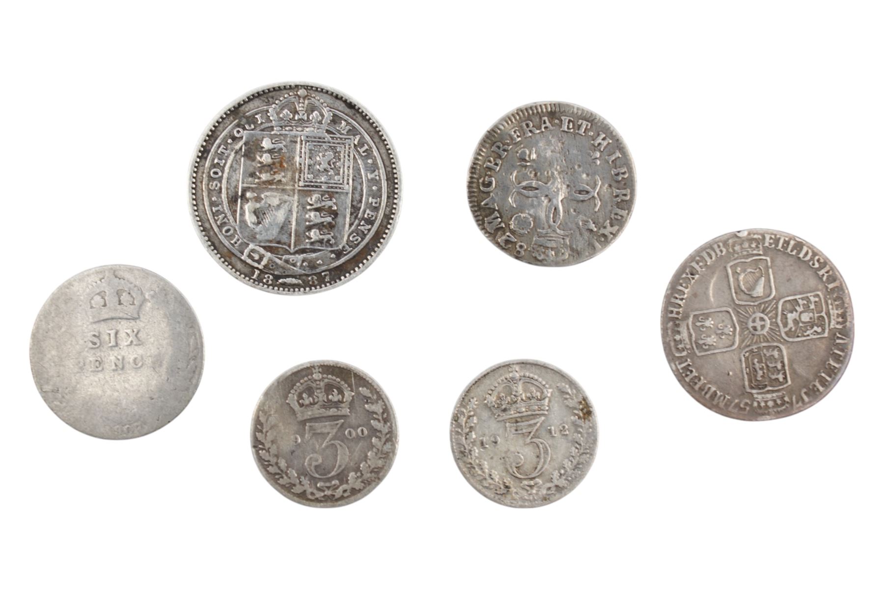 Six silver coins including Charles II, George II, Victoria etc