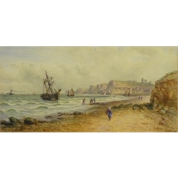  John Francis Branegan (British 1843-1909): 'Whitby' and Scarborough, pair watercolours one titled, both signed and dated 'V Allan' '91 (although not documented Allan must be be a pseudonym of Branegan), 19cm x 38.5cm (2)   