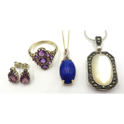  Lapis lazuli silver-gilt pendant necklace stamped 925, silver amethyst ring and pair of ear-rings and a marcasite and stone set silver pendant necklace  