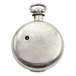 Victorian silver pair cased English lever fusee pocket watch, No. 3581, engine turned silver dial with Roman numerals and subsidiary seconds dial, case by Robert Gravenor, Chester 1888, with chrome desk stand