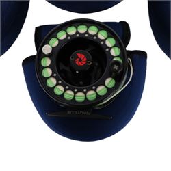 Four Nautilus USA fly reels, comprising T12, no. five and two no. ten models, all within Nautilus pouches