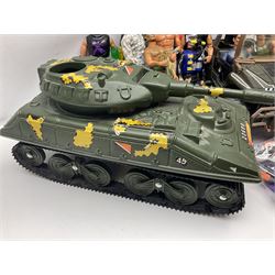 Action Man - Hasbro Strike Force Battle Tank by Sunny Smile; jeep; ten various period dressed figures; and quantity of weapons and other accessories including motorcycle etc