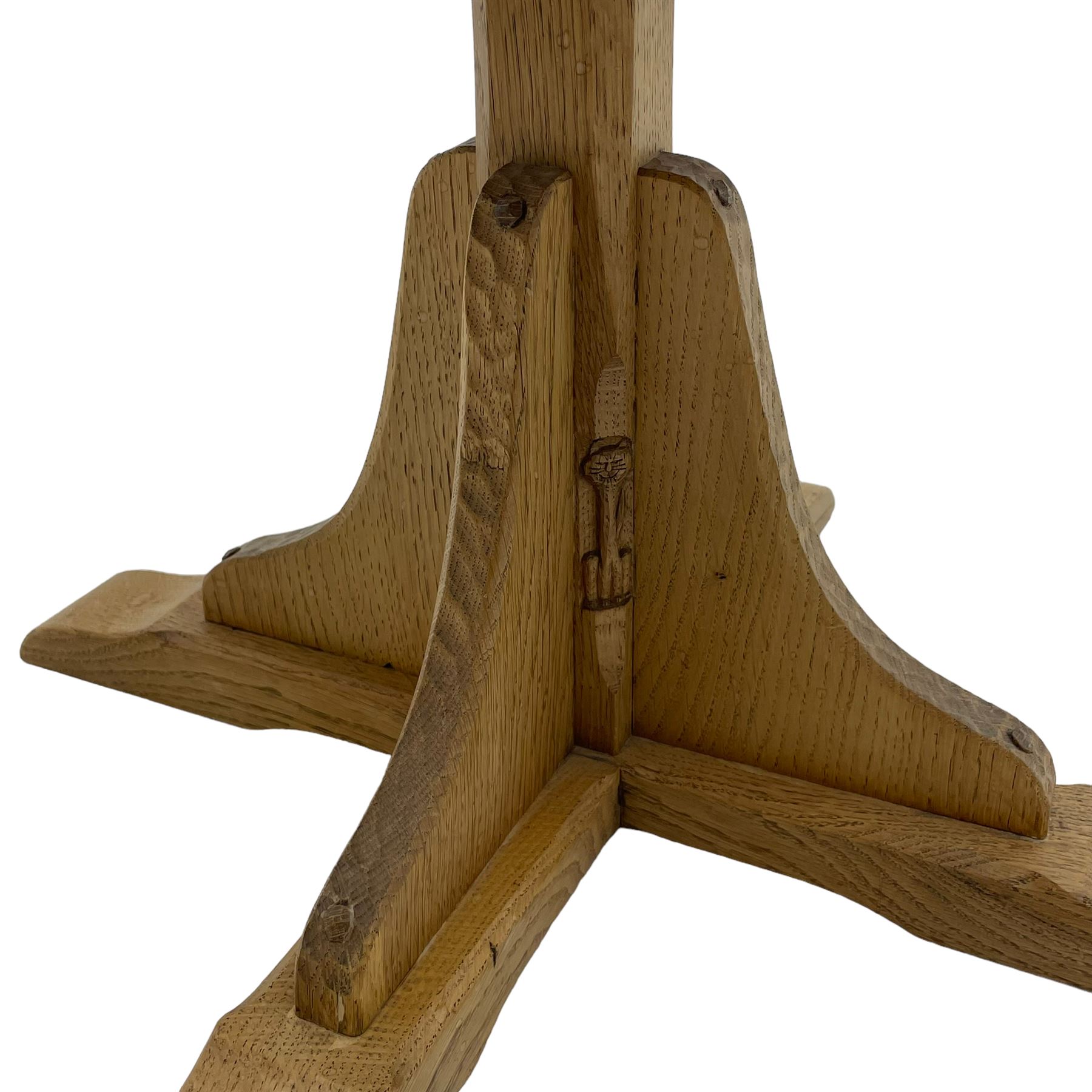 Catman - oak occasional table, circular top on cruciform base, carved with long-necked cat signature, by Chris Checkfield, Whitby