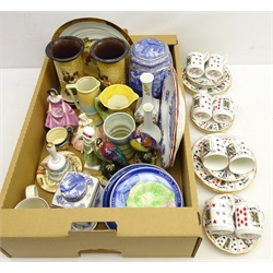  Set eight Elizabethan 'Cut for Coffee' playing card design coffee trios, set three Grande Copenhagen plates, Royal Doulton 'Ruth' figure, pair Bretby vases, Art Deco period ceramics and other decorative ceramics in one box  