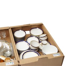 Mixed ceramics and glass, Fords China service and matched items, Victorian wash jug with botanic decoration, etched glass, etc, contents in three boxes