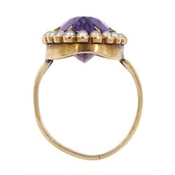 Victorian 9ct gold oval amethyst and seed pearl cluster ring, boxed